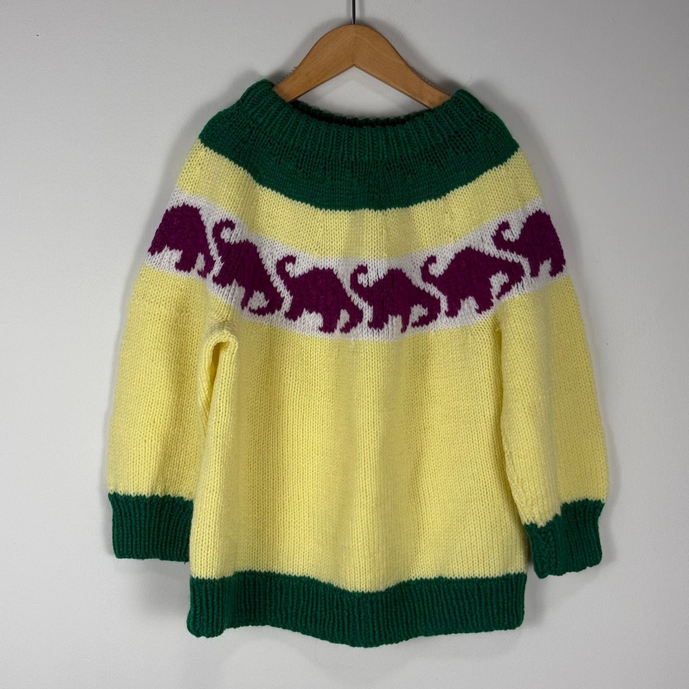 Handmade Knit Elephant Sweater Yellow Green Purple Animal Motif Crewneck